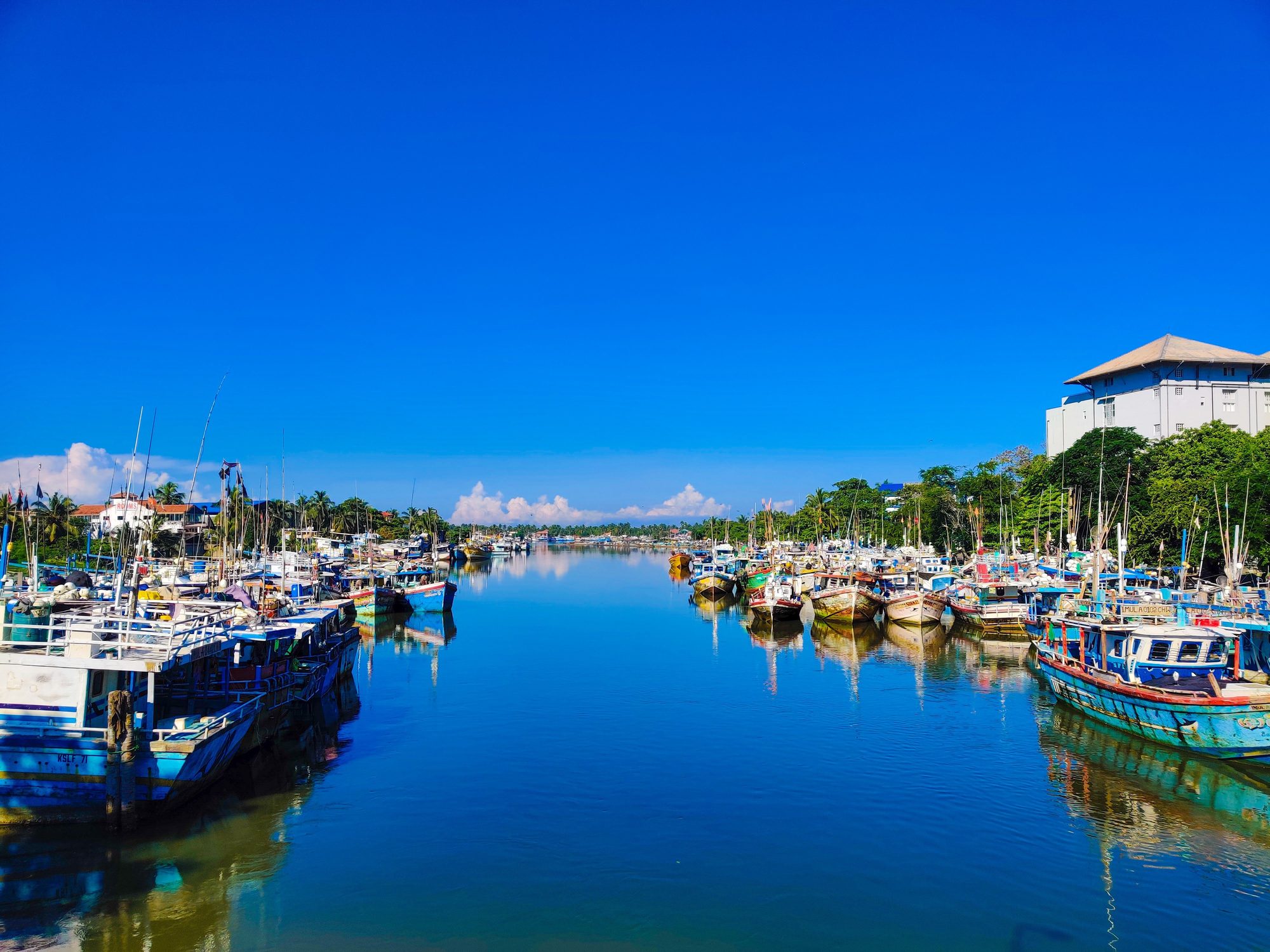 Fishing boats moored in a Sri Lankan lagoon at first light