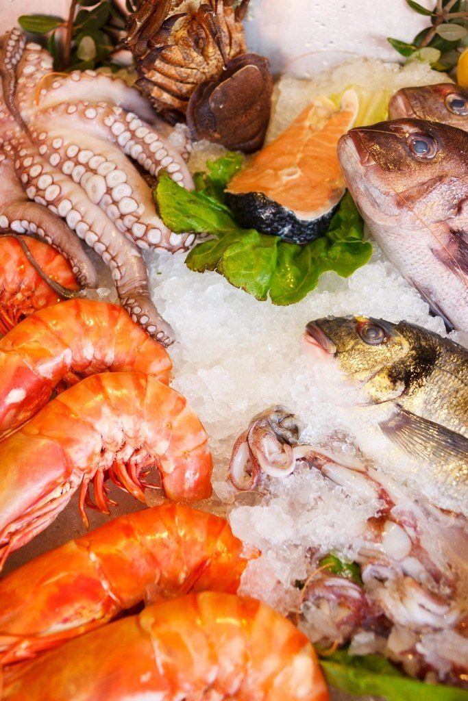 Assorted seafood packed on crushed ice
